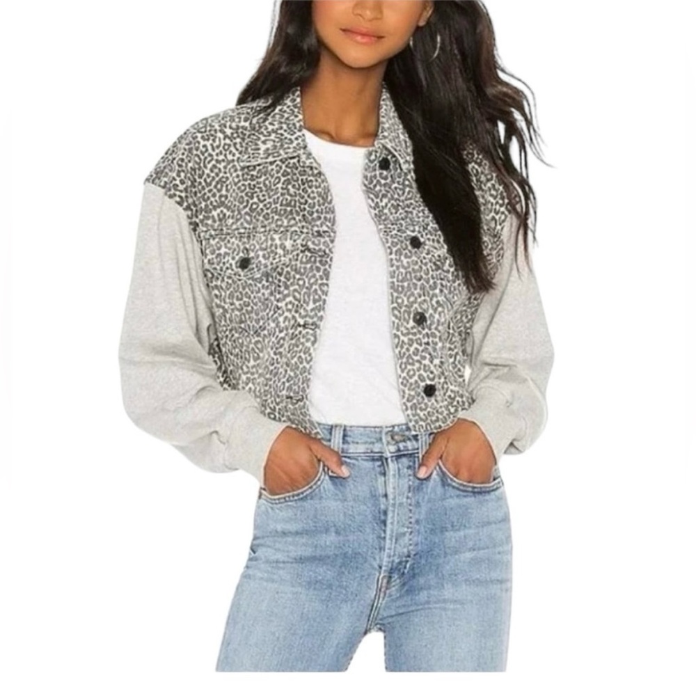ALL SAINTS animal print cropped denim jacket with grey jersey sleeves.